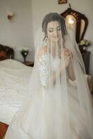 portrait. une brunette la mariée dans une blanc robe, enveloppé dans une voile, regards vers le bas et touche sa affronter, pose. magnifique maquillage et cheveux. volumineux voile. mariage photo. magnifique la mariée photo