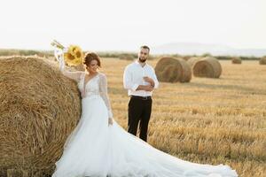 mariage portrait de le la mariée et jeune marié. le marié, déchirure le sien chemise, des stands derrière le mariée, près une balle de foins. roux la mariée dans une longue robe avec une bouquet de tournesols. élégant jeune marié. été photo