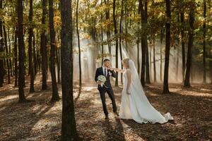 le la mariée et jeune marié sont dansant contre le Contexte de une Conte de fée brouillard dans le forêt. le des rayons de le Soleil Pause par le fumée, une Conte de fée mariage photo