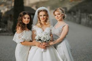 élégant demoiselles d'honneur avoir amusement avec le la mariée dans la nature et pose à la recherche dans le caméra photo