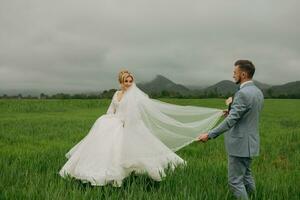 une grand angle coup de le la mariée et jeune marié en marchant sur une vert Prairie avec montagnes dans le Contexte. le jeune marié détient le de la mariée longue voile, elle regards à lui plus de sa épaule. magnifique robe. photo