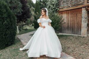 mariage photo. le la mariée dans une volumineux blanc robe et une longue voile des promenades dans le jardin le long de une pierre chemin. vue de au-dessus de. portrait de le la mariée. magnifique boucles. magnifique maquillage et cheveux. photo