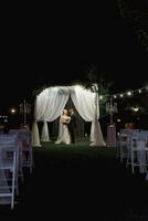 mariage la cérémonie sur le rive de le lac. La peinture la cérémonie dans le soir. romantique peinture. le présidium est décoré avec blanc fleurs. blanc chaises. le la mariée et jeune marié doucement tenir mains photo