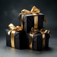 ai généré Noël noir cadeau boîte avec or ruban ai généré photo