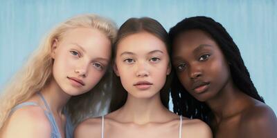 ai généré portrait de magnifique les filles de différent nationalités africain, asiatique, européen des modèles photo