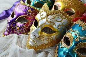 ai généré mardi gras carnaval coloré plumes et masques dans une de fête fête culturel extravagance, fleuri création une joyeux, de fête traditionnel apporter la vie à une vacances fête photo