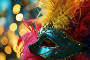 ai généré mardi gras carnaval coloré plumes et masques dans une de fête fête culturel extravagance, fleuri création une joyeux, de fête traditionnel apporter la vie à une vacances fête photo