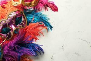 ai généré mardi gras carnaval coloré plumes et masques dans une de fête fête culturel extravagance, fleuri création une joyeux, de fête traditionnel apporter la vie à une fête, blanc Contexte photo