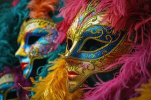 ai généré mardi gras carnaval coloré plumes et masques dans une de fête fête culturel extravagance, fleuri création une joyeux, de fête traditionnel apporter la vie à une vacances fête photo