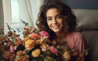 ai généré content souriant brunette avec une bouquet de fleurs. anniversaire,8 mars, les mères jour, Saint Valentin. fleurs livraison concept photo