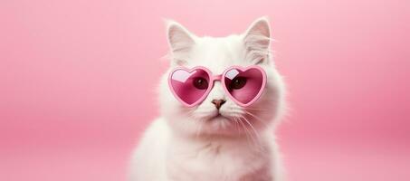 ai généré blanc chat dans rose cœur en forme de des lunettes sur rose Contexte avec endroit pour texte.valentines jour, anniversaire, 8 Mars photo