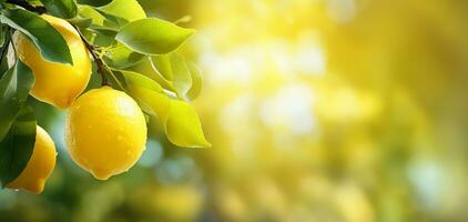 ai généré copie espace bannière avec mûr citrons sur le branche dans le coucher du soleil Soleil photo