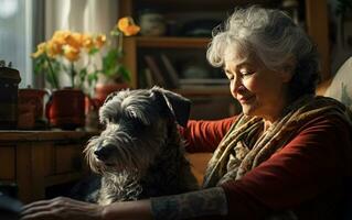 content détendu Sénior femme étreindre sa chien tandis que à Accueil sur le canapé. animal de compagnie et le propriétaire concept photo