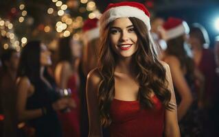 ai généré Noël fête bannière avec souriant caucasien brunette dans Père Noël chapeau photo