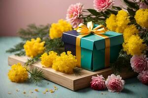 ai généré cadeau boîte avec une bouquet de mimosa. ancien salutation carte pour international aux femmes jour, de la mère jour, la Saint-Valentin jour, anniversaire photo