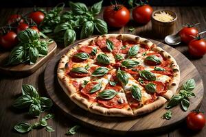 ai généré Pizza margherita avec fromage, tomates, saucisse et basilic sur une en bois planche photo