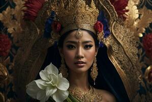 ai généré magnifique Royal thaïlandais Dame habillé dans fleuri traditionnel Vêtements et couronne photo