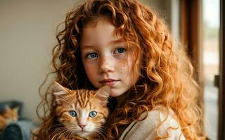 ai généré mignonne rouge frisé fille en portant une chat dans sa bras photo