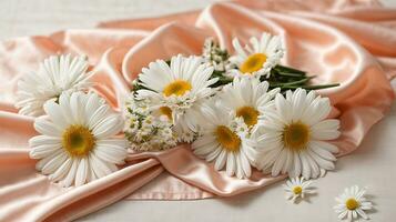 ai généré délicat floral arrangement de marguerites sur pêche soyeux en tissu photo