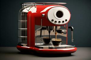 ai généré moderne élégant rouge café machine avec une écoulement courant de noir café ou Expresso photo