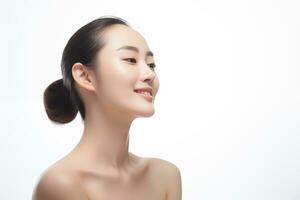ai généré fermer image de une magnifique asiatique femme avec bien faciale peau, se concentrer sur soin de la peau et se maquiller. photo