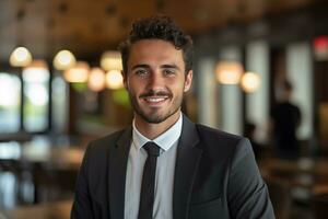 ai généré portrait de souriant homme d'affaire portant costume. photo