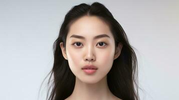 ai généré portrait asiatique femme parfait nettoyer Frais peau isolé sur blanc Contexte. photo