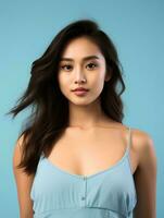 ai généré portrait de magnifique asiatique femme sur isolé lumière bleu arrière-plan, portant réservoir haut, beauté modèle photo