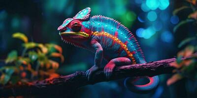 ai généré coloré caméléon perché sur une arbre branche avec vibrant néon lumière effet. numérique art. génératif ai photo