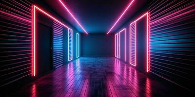 ai généré moderne foncé pièce avec embrasé néon lignes avec rétro Années 80 style. futuriste intérieur avec laser effet. génératif ai photo