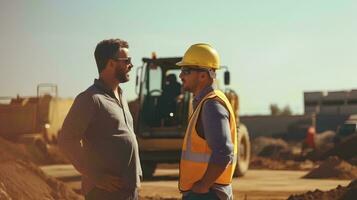 ai généré Masculin inspecteur parlant avec développement directeur à projet construction placer, avec excavatrice dans Contexte photo