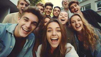 ai généré Jeune Université gens en riant ensemble dans de face de le caméra, groupe de content copains ayant amusement prise selfie Photos avec intelligent Téléphone (s