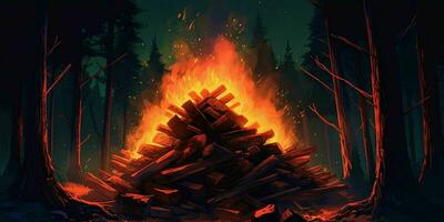 ai généré gros feu avec flamme dans le forêt à nuit. brûlant bois pile. génératif ai photo