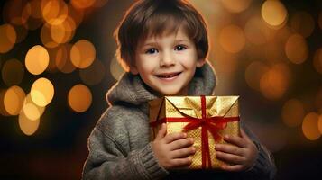 ai généré peu garçon en portant une cadeau boîte sur Noël journée avec une Contexte de atmosphère sur le veille de Noël célébrations, content faciale expression photo