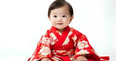 ai généré portrait de Japonais bébé fille modèle portant mignonne kimono, 8 mois vieux bébé, studio photo, isolé blanc arrière-plan, pour La publicité et la toile conception photo