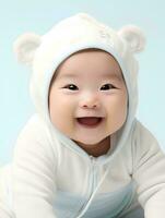 ai généré portrait de mignonne incliné regardé Japonais bébé garçon modèle, avec souriant et en riant expression, 2 mois vieux bébé, studio photo, isolé blanc arrière-plan, pour La publicité et la toile conception photo