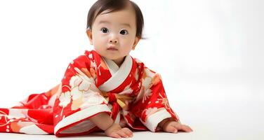 ai généré portrait de Japonais bébé fille modèle portant mignonne kimono, 8 mois vieux bébé, studio photo, isolé blanc arrière-plan, pour La publicité et la toile conception photo