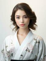 ai généré portrait de une Jeune Japonais femelle modèle portant une kimono posant gracieusement, isolé blanc arrière-plan, ai génératif photo