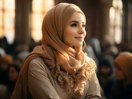 ai généré magnifique musulman femme dans hijab est assis dans mosquée, écoute à sermon, génératif ai photo