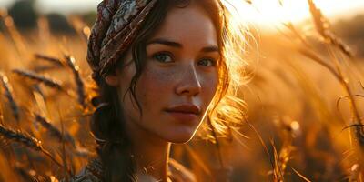 ai généré magnifique milieu est femme avec taches de rousseur affronter, portant foulard dans blé champ avec embrasé lumière du soleil effet. génératif ai photo