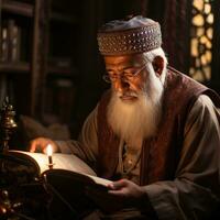 ai généré un personnes âgées musulman homme lit le Al coran par chandelle. génératif ai photo