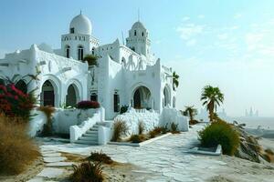 ai généré magnifique minimaliste blanc mosquée dans le désert avec paume arbre et ciel vues. génératif ai photo