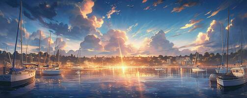 ai généré magnifique port avec bleu ciel et le coucher du soleil vue dans Japonais anime style. génératif ai photo