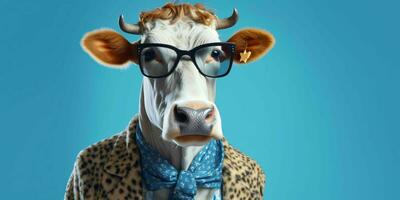 ai généré portrait de cool et marrant vache portant des lunettes dans studio Contexte. génératif ai photo