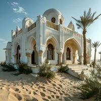 ai généré magnifique minimaliste blanc mosquée dans le désert avec paume arbre et ciel vues. génératif ai photo