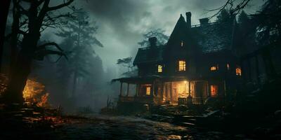 ai généré effrayant maison dans le forêt avec effrayant des arbres. horreur Contexte. génératif ai photo