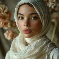 ai généré portrait de une magnifique et exotique Jeune musulman femme avec blanc hijab. génératif ai photo