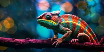 ai généré coloré caméléon perché sur une arbre branche avec vibrant néon lumière effet. numérique art. génératif ai photo