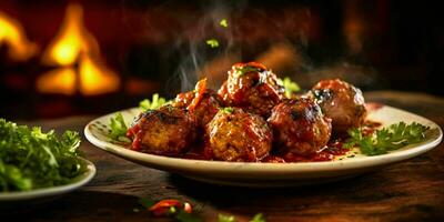 ai généré délicieux Boulettes de viande avec sauce servi sur une plaque. génératif ai photo