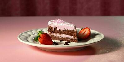 ai généré une tranche de sucré rose gâteau avec des fraises et crème sur Haut. génératif ai photo